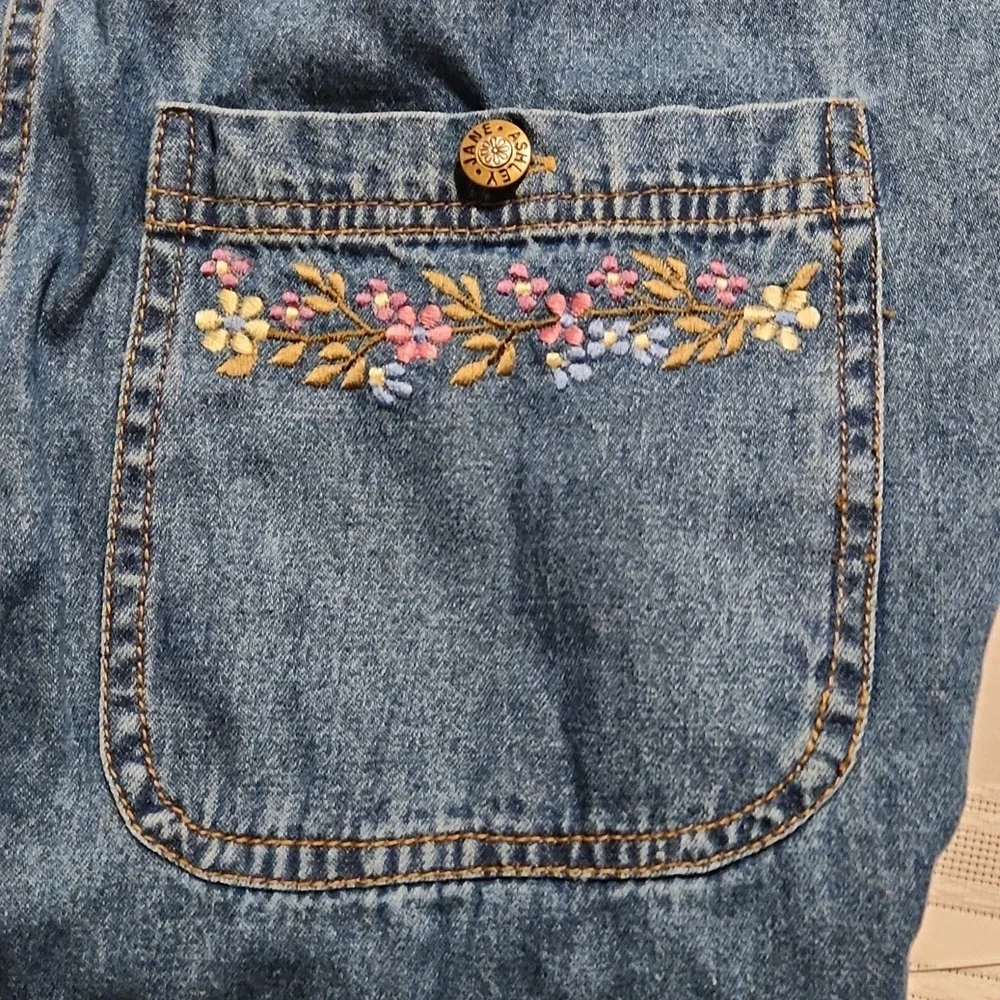 Jane Ashley Womens Vintage Denim Dress M Maxi w Floral Embridered Neck Pockets - Picture 9 of 12